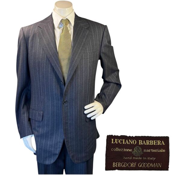 Luciano Barbera Vintage 2pc Suit Set Mens 42R 36x31 Striped Wool Flannel  Italy - Picture 1 of 16
